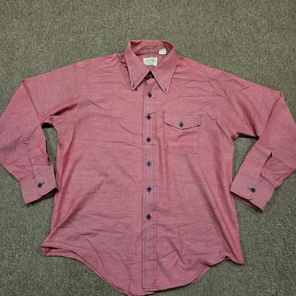 Vintage 70s Campus Shirt Mens XL Pink Long Sleeve Dagger Collar Button Down